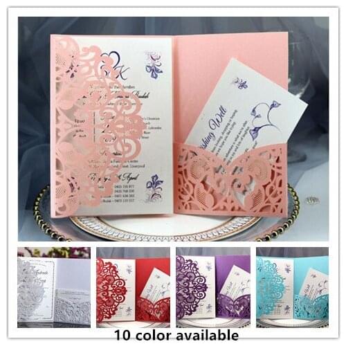 100SET/LOT 10 Color Available Laser Cut Hollow Out Wedding Invitation Card With COVER INNER CARD ENVELOPE