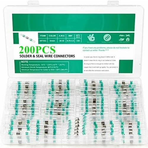 200pcs Electrical Heat Shrink Crimp TerminalsSolder Seal Butt Wire Connectors Insulation Waterproof Cable Splice Terminal KIT
