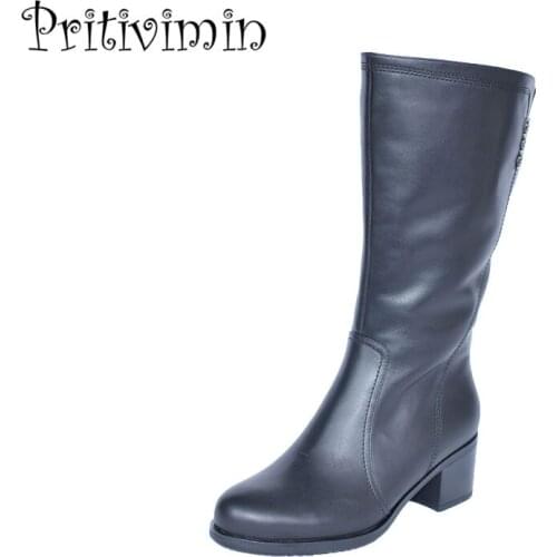 2018 Fashion girls warm fur mid calf boots new Ladies genuine leather handmade shoes women winter footwear Pritivimin FN24