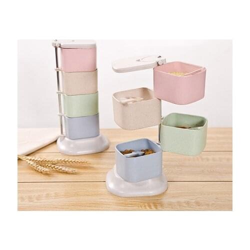 BF040 Kitchen Wheat Straw Condiment Kit Tool Seasoning Box Spice Jar Have Spoon Seasoning Tank 26*14.5cm