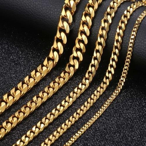 Basic Punk Stainless Steel Curb Cuban Necklace For Men Women Gold Color Link Chain Choker Solid Metal Jewelry 18-36inch KNM08A