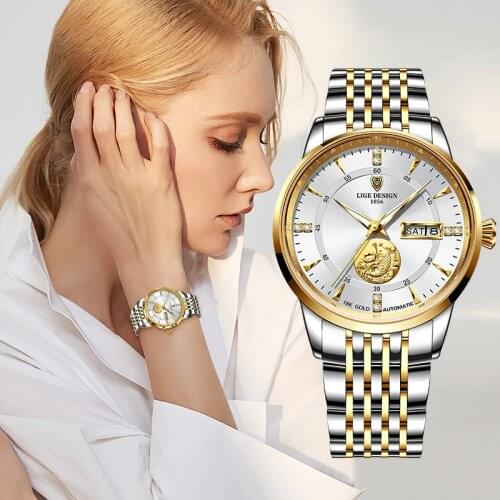 LIGE 2021 Women Watches Mechanical Watch Luxury Bracelet Wrist Wristwatch Elegant Ladies Automatic Clock Watch Relogio Feminino