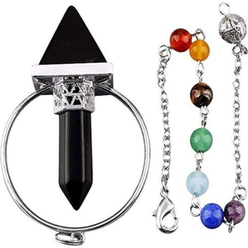 FYJS Unique Silver Plated Healing Chakra Chain Pendulum Pendant Black Obsidian Pyramid Jewelry
