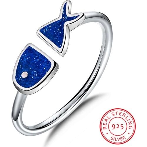 Cute Female Blue Enamel Fish Ring 100% Real 925 Sterling Silver Adjustable Ring Wedding Bands Promise Engagement Rings For Women