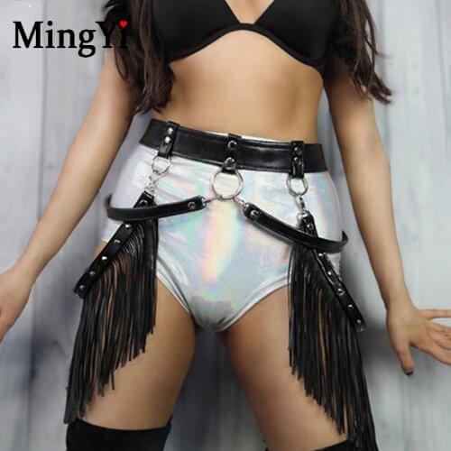 Leather Fringe Skirt Black Belt Tassel Skirt Women Sexy Harness Waist Band Fringe Belt Mini Skirts Festival Party Club Dancewear