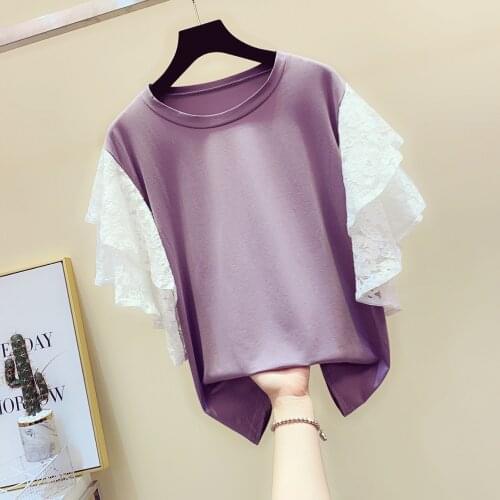 Lace patchwork women t-shirts ruffles solid short sleeved all match loose female lady elegant pulls tops tees
