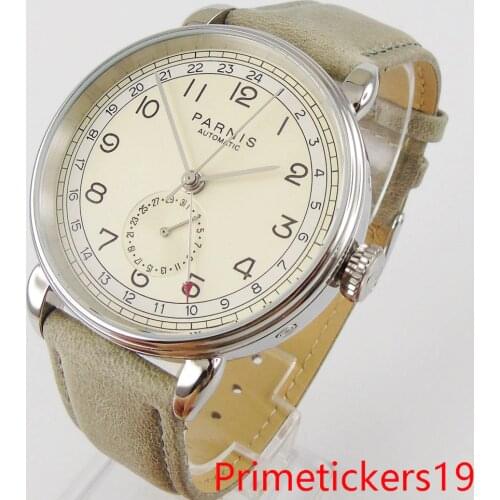 Top quality 42mm parnis mechanical automatic men watch beige dial GMT date indicator leather strap