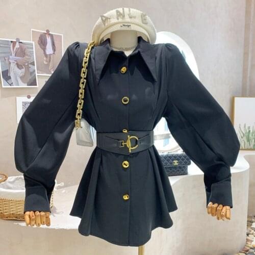 Heavy Industry Button Decoration Flower Print Shirt Womens Autumn 2020 New Design Bubble Long Sleeve Top