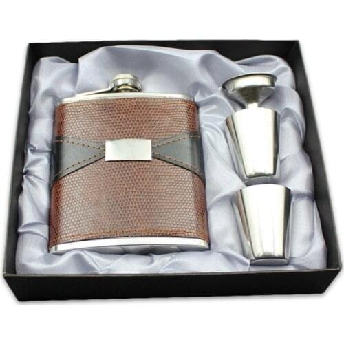 7oz Stainless Steel Portable Whiskey Hip Flask Foreskin Embossed Pot PU Leather Mini Jug Bottles Flagon Set Gift Box with Cup