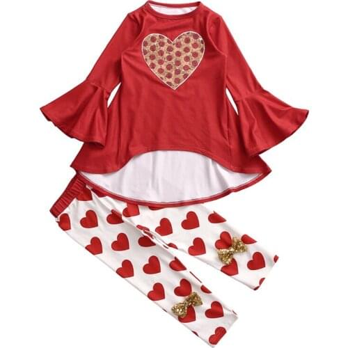 Christmas New Fashion Girls Clothing Sets Spring Autumn Love Print Flare Sleeve Casual Kids Outfits wholesale Child boutique