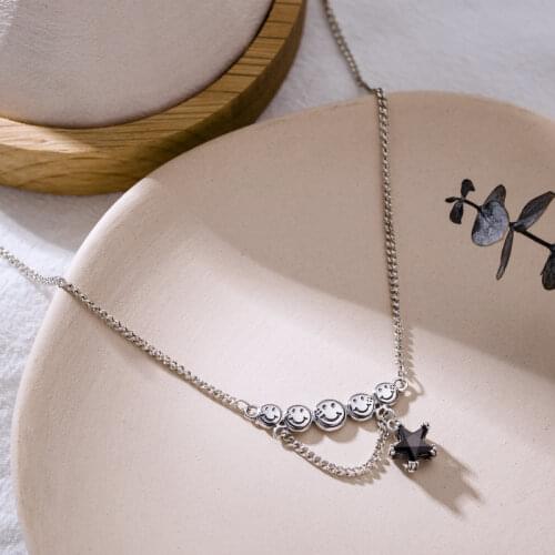 925 Sterling Silver Smiling Face Pendant Necklace Vintage Star Black Zircon Thai Silver Necklace For Women Jewelry Gift S-N625
