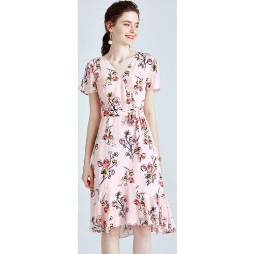 Silk Crepe Pink Floral Dresses Women Fashion 2021 Summer Long Casual Sexy Office Work Daily Dress Plus Size Slim Fit A Line
