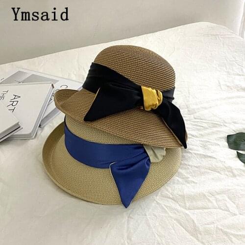 Ymsaid Good Quality Bow Ribbon Summer Hat Women Panama Straw Cap Ladies Big Brim Sun Hat Beach Visor Hat Outdoor Foldable