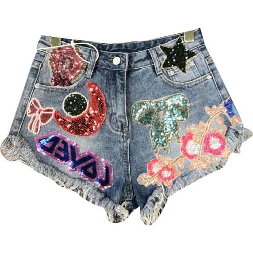 Summer new fashion sexy high waist sequined beading Cartoon shorts female diamond beading blue college style Korean denim shorts