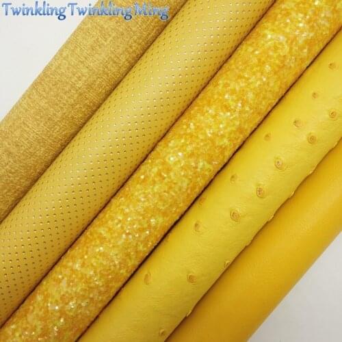YELLOW Glitter Fabric, Ostrich Faux Fabric, Gold DOTS Synthetic Leather Fabric Sheets For Bow A4 21x29CM Twinkling Ming XM841