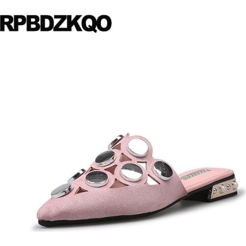 Slippers Women Sandals 2021 Summer Low Heel Block Square Shoes Pearl Nice Suede Pink Bridal Mules Chunky Embellished Slides