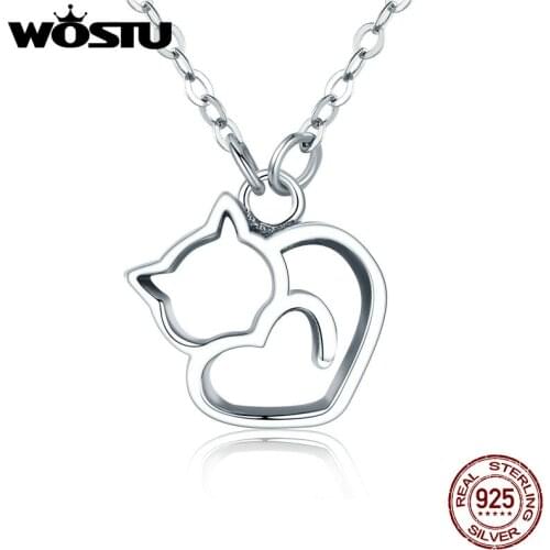 WOSTU Popular 100% 925 Sterling Silver Lovely Cat Exquisite Women Pendant Necklace Luxury Sterling Silver Jewelry Gift FIN188