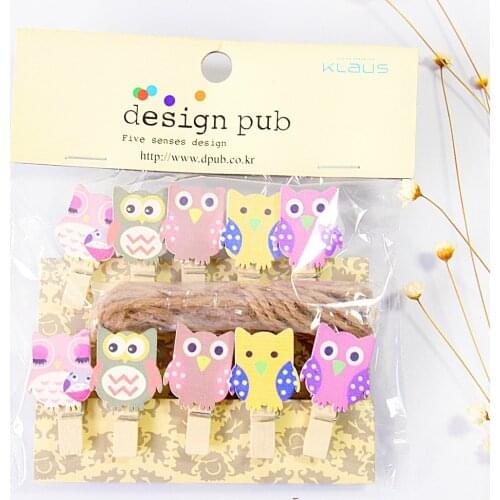 10 pcs/lot Kawaii Cartoon Owl Wooden Clip Photo paper Clothespin Craft Clips Party Decoration Clip with Hemp Rope