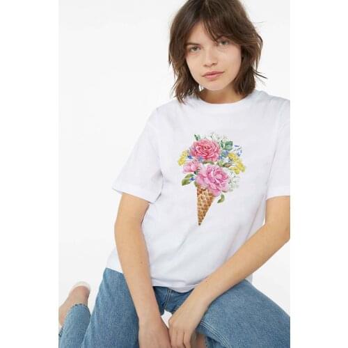 Women Shirt Ladies Female Flower Ice Cream Creative T Womens Fashion T-shirt Graphic Short Sleeve Summer Printed Top Tshirt