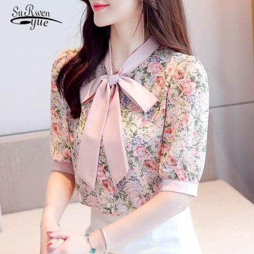 Fashion 2020 Summer Short Sleeve Chiffon Blouse Women Korean Loose New Elegant Bow Printed Floral OL Summer Tops Blusas 9543