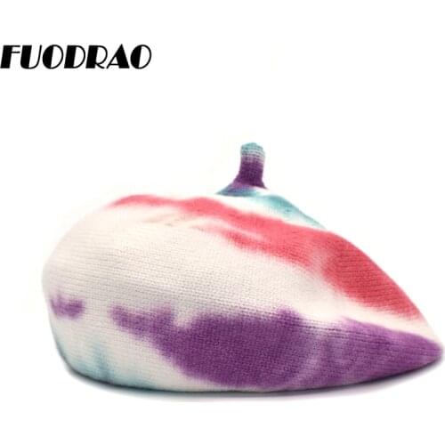 FUODRAO Autumn Winter Warm Women Wool Berets Tie dye Knitting Berets Caps British Style Girls Winter Hats Female A11