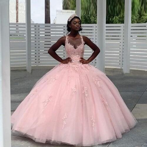 2022 Pink Ball Gown Quinceanera Dresses Lace Applique Sweet 16 Dress Pageant Gowns vestido de 15 anos años quinceañera