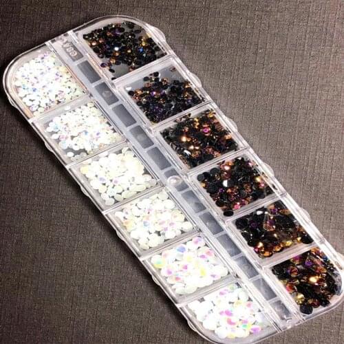 1 Box 2mm/3mm/4mm Black White AB Rhinestones 3D Nails Crystal Charms Acrylic Round Glitters DIY Gems Double Colors Design Stones