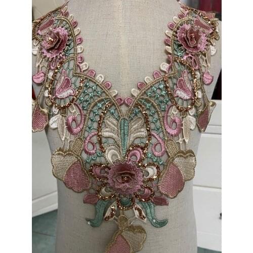 1Pc Coleful Embroidery 3D Flower Lace Neckline Collar DIY Sewing Lace Fabric Decoration Ladies Dress Decal Accessories