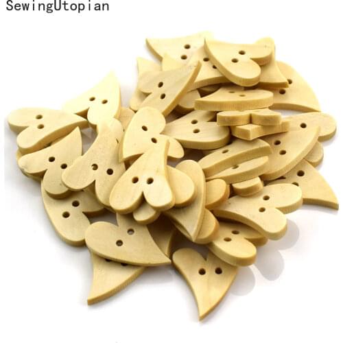 50PCS 2 Eyes Printed Colorful Heart Wooden Buttons for Hat, Shoes, Clothes Diy Accessories Mixed Color
