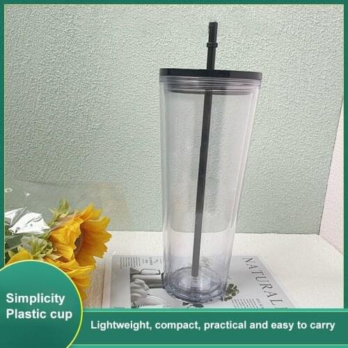 710ml Double Walled Cup Plastic Clear W/Lid And Straw Drinks Mugs Insulated Reusable Tumbler Coffee Mugs Kitchen Drinkware Cups