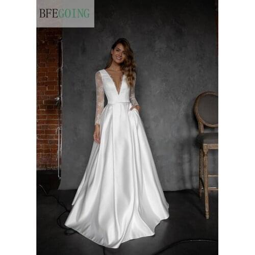 White Lace Satin V-Neck Long Sleeves Bridal Gown Floor-Length A-Line Wedding Dress Chapel Train Custom Made