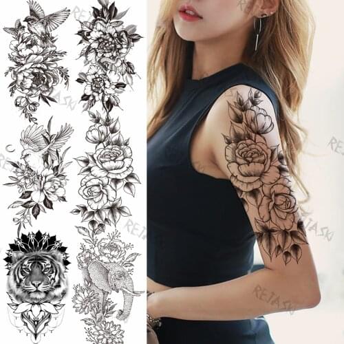 Black Sexy Rose Temporary Tattoos For Women Girl Peony Elephant Tiger Realistic Fake Tattoo Bird Snake Fashion Forearm Tatoos