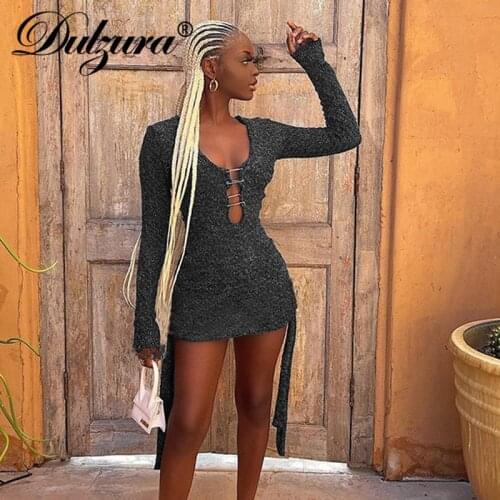 Dulzura Bling Glitter Women Long Sleeve Hollow Out Lace Up Mini Dress Pin Patchwork Bodycon Sexy Streetwear 2021 Autumn Winter