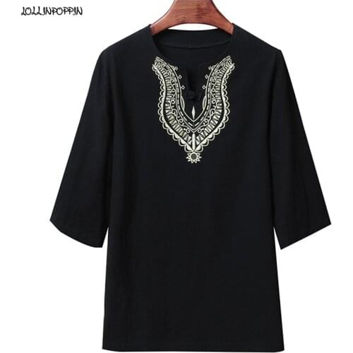Exotic Men Embroidery Pattern Three Quarter Sleeve T-Shirt V-Neck 2021 Summer Cotton & Linen Tee Shirt Mens Loose Casual Tops