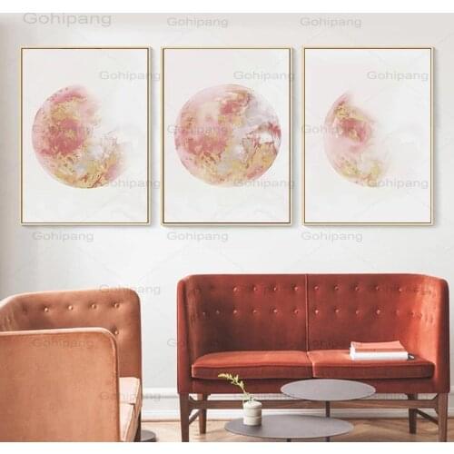 Canvas Painting Watercolor Pink Moon Moon Planet Small Fresh Porch Murals Simple Nordic Poster Print Canvas Decorative Painting