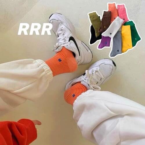 Korean trend vertical strip letter R color tube socks all-match solid color college wind pile socks men and women socks
