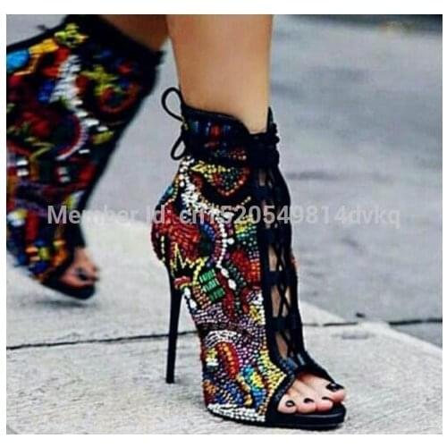 Fashion Crystal Covered Comic Open Toe Booties Lace Up High Heels Summer Sandals Boots Multicolor Diamond Sexy Ladies Stiletto