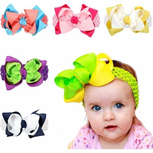 Fashion Handmade Crochet Hollowed Elastic Hairband Double Layer Grosgrain Ribbon Bows Infant Headband Baby Girl Hair Accessories