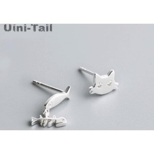 Uini-Tail 2019 new listing 925 sterling silver creative cat fish earrings asymmetric micro-insert earrings personality cute