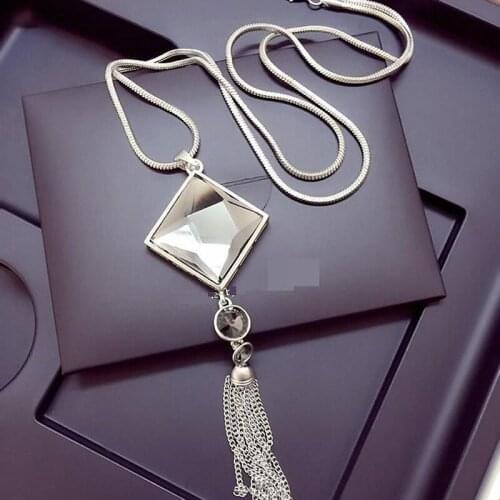 2020 New Top Quality Square Crystal Pendant Long Tassel Necklace Women Fashion Jewelry Wholesale Link Chain Metal Geometric