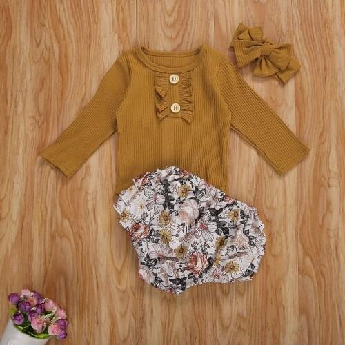 Three Piece Baby Girl’s Clothes Fresh Solid Color Long Sleeve Jumpsuit and Flower Short Pants with Headband