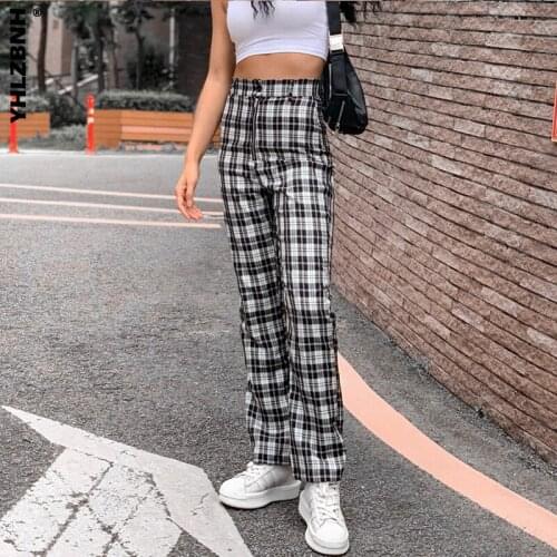 YHLZBNH Autumn 2021 Women Trousers Black White Plaid Retro Korean Style High Waist Versatile Straight Slim Pants for Female