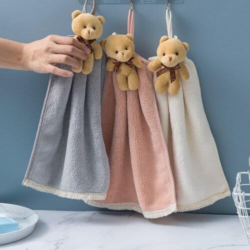 Cartoon bear hand towel absorbent coral fleece kitchen dish towel bathroom accessories hanging towel handkerchief towel