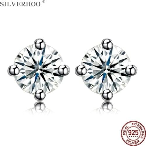 SILVERHOO Genuine 925 Sterling Silver Earrings Women Minimalist Round Cubic Zirconia Studs Earring Silver Jewelry Hot Selling