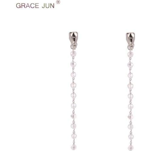 GRACE JUN Handmade Long Tassel Crystal Clip on Earrings No Pierced Fashion Popular White Gold Color No Hole Earrings Wholesale