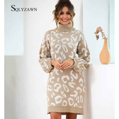 Knitted Leopard Turtleneck Long Sweater Dress Women Korean Oversized Pullover Girls Streetwear Autumn Winter Loose Knit Jumper