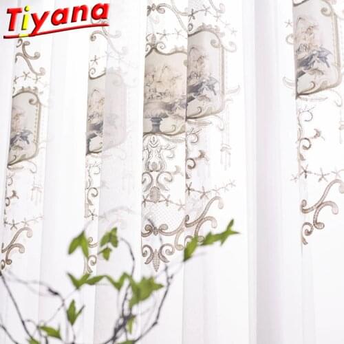 Patch Flowers Embroidery Tulle Curtains for Living Room Chinese Style Coffee Golden Sheer Volie Luxury Gauze Balcony X-HM452#30