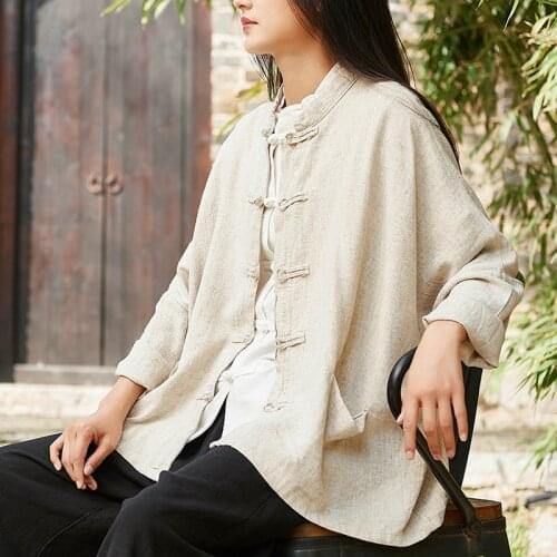 Chinese Style Cotton Linen Women Shirts Stand Long Sleeve Pockets Blouses 2020 Spring New Button Solid Color Loose Women Shirts