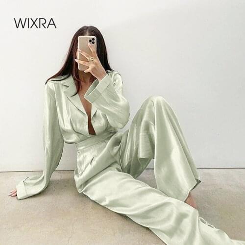 Wixra Satin Solid Loose Women Sets AutunmTurn Down Collar Single Breasted Long Sleeve Blouse+Elastic Waist Zipper Long Pants