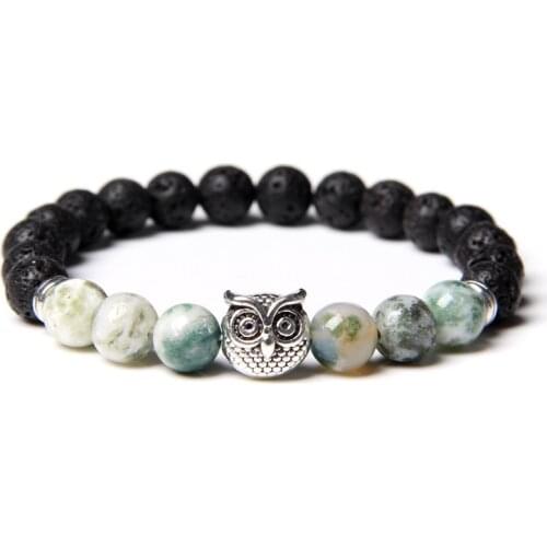 Animals Bracelets Men Craft Silver Color Owl Bracelets Handmade Elastic Bangle For Women Natural Black Lava Stone Beads Pulsera